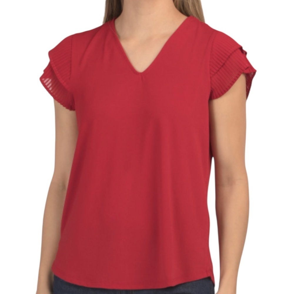 NWT ADRIANNA PAPELL Red Pleated Ruffle Short Sleeve V-Neck Blouse Size Large